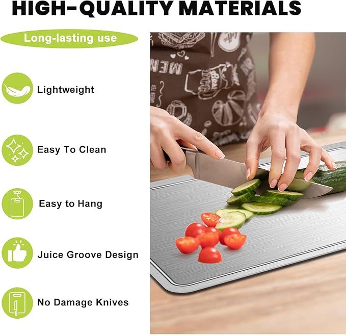 Titanium Cutting Board with Juice Groove-Pure Titanium Cutting Boards For Kitchen，Double-Sided Metal Chopping Board Titanware Cutting Mat for Cutting Meats, Fruits & Vegetables