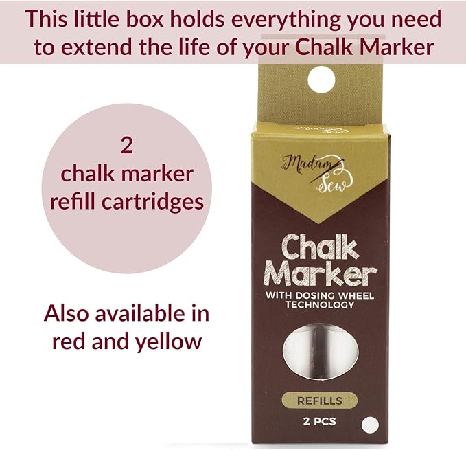 Madam Sew Fabric Chalk Markers for Sewing & Quilting | Refillable Tailors Chalk for Fabric Marking with Dosing Wheel | Ideal for Marking on Cotton, Knit, Suede (White)