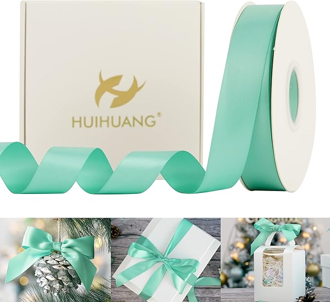 HUIHUANG Satin Ribbon 1 inch Aqua Blue Ribbon 50 Yards Aqua Blue Double Face Silk Satin Ribbons for Crafts Christmas Tree Decor Gift Wrapping Bows Bridal Floral Bouquet Wedding Baby Shower Decor