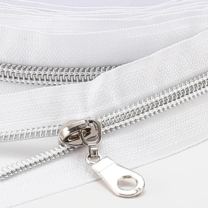 The Yards 10 Yards Bulk White Nylon Coil Zipper with Silver Teeth - Replacement Sewing Zipper with 10PCS Sliders for DIY Craft Bags