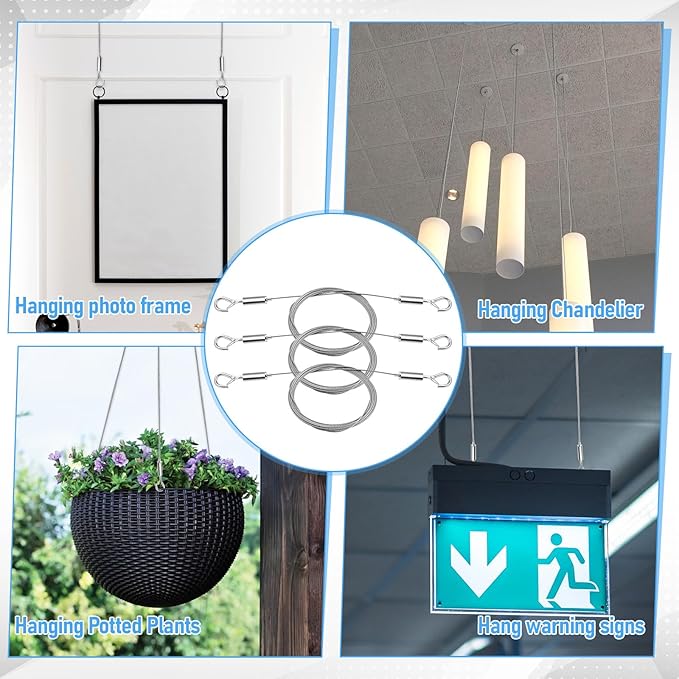 6 Pcs Picture Hanging Wire Heavy Duty Adjustable Art Hanging Wire 9.8FT x1.5mm Stainless Steel Frame Wires Rope for Mirrors Frames Artwork Basket Flowerpot Light Lamp Billboard (Hold up to 30kg/66lb)