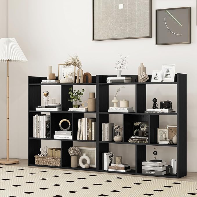 Giantex 7 Cubes Bookshelf, Free-Standing Wooden Bookcase, 4 Tier Home Display Shelf, Horizontal Storage Unit w/Anti-Toppling Devices, Open-Back Display Rack for Study, Living Room (1, Black)