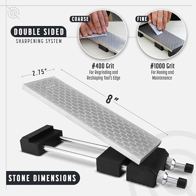 Schaaf Tools Diamond Whetstone Knife Sharpener Complete Kit with Adjustable Base, 2-Sided 400/1000 Grit Diamond Sharpening Stone Set with Chisel Honing Jig & Angle Guide for Knives, Woodworking Tools