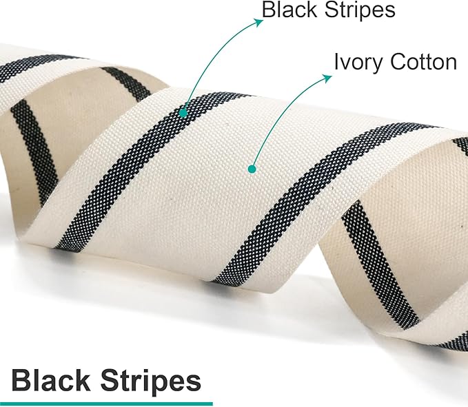 CT CRAFT LLC Ivory Cotton Black Stripes Ribbon 3/8" x 10 Yards for Home Décor Gift Present Wrapping DIY Crafts Birthday Wedding Bouquet Christmas