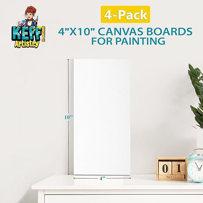 KEFF Canvas Boards for Painting - 4x10 4-Pack Bulk Canvas Panels, 100% Cotton Triple Primed Small Canvases for Painting Supplies, Acrylic, Oil, Watercolor & Tempera