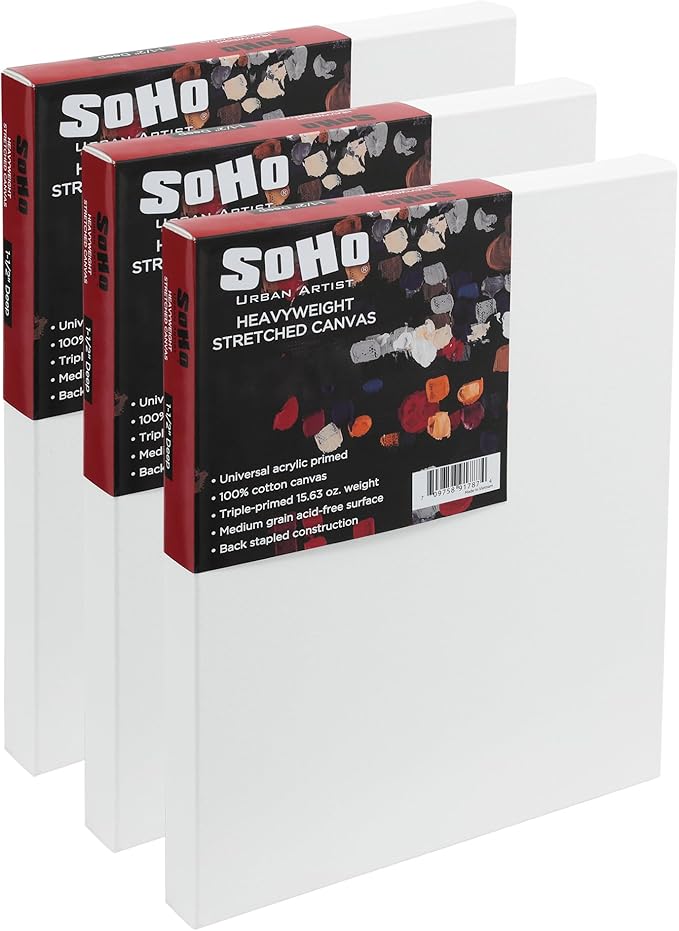 SoHo Urban Artist, 36x72 Heavyweight Stretched Cotton Canvas for Painting - 1.5" Deep- 3 Pack, Triple Primed, 100% Cotton Canvas, Archival, Universal Primed for Oil, Acrylic, Alkyd, Mixed Media