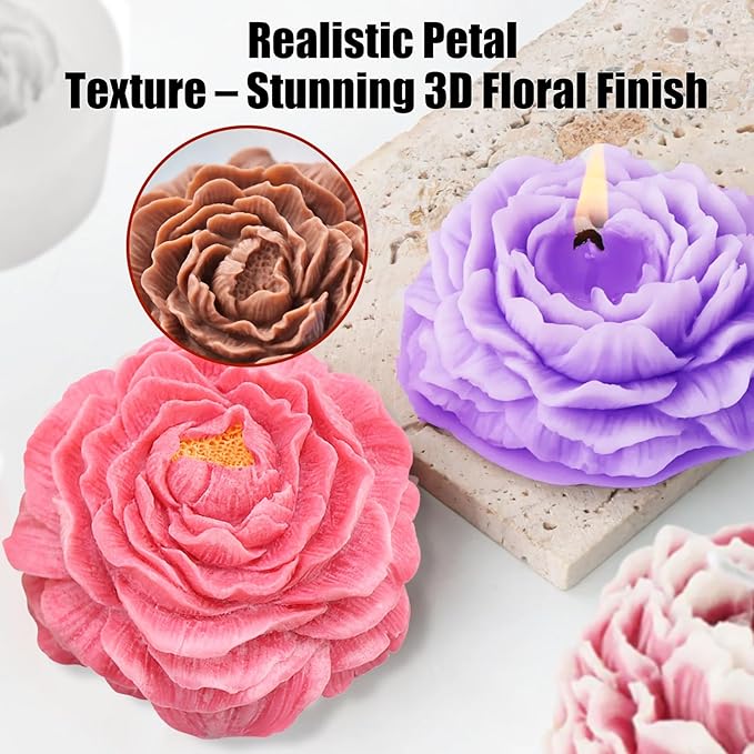3 Pcs Peony Flower Silicone Candle Molds Set, 3D Peony and Rose Silicone Resin Soap Molds, Flower Fondant Silicone Mold for Handmade Cake Decoration Chocolate Epoxy Casting Resin Craft