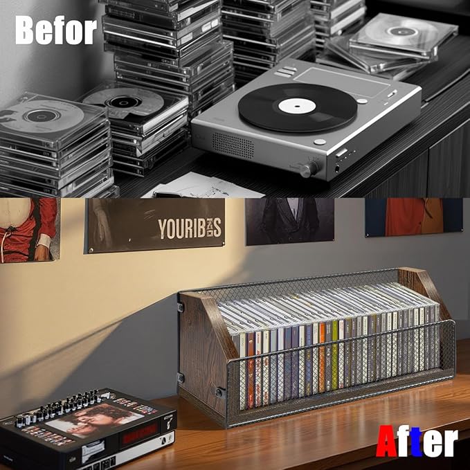 CD Storage Holder CD Case, Wooden CD Organizer Rack, Retro-style CD Rack Shelf Holds Up 32 CDs, Perfect Ideal for Storaging CDs and CD Jewel Cases on Destop or Cassette