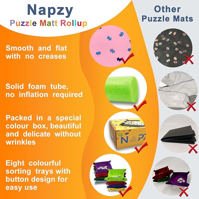 Napzy Puzzle Mat Rollup Puzzles Organizer 1500 1000 500PCS Puzzled Mat Pink Has Gift Box Non-Slip Felt Jigsaw Matt Roll Up Puzzling Board for Jigsawn Keeper Saver with 8 Jigsaws Tray