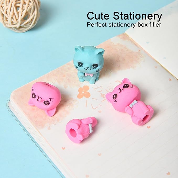HILAZA 18Pcs Pencil Top Erasers for Kids, 3D Cute Cat Pencil Toppers, Bulk Fun Pencil Cap Easters for School Classroom Supplies Prize Gifts Party Favors