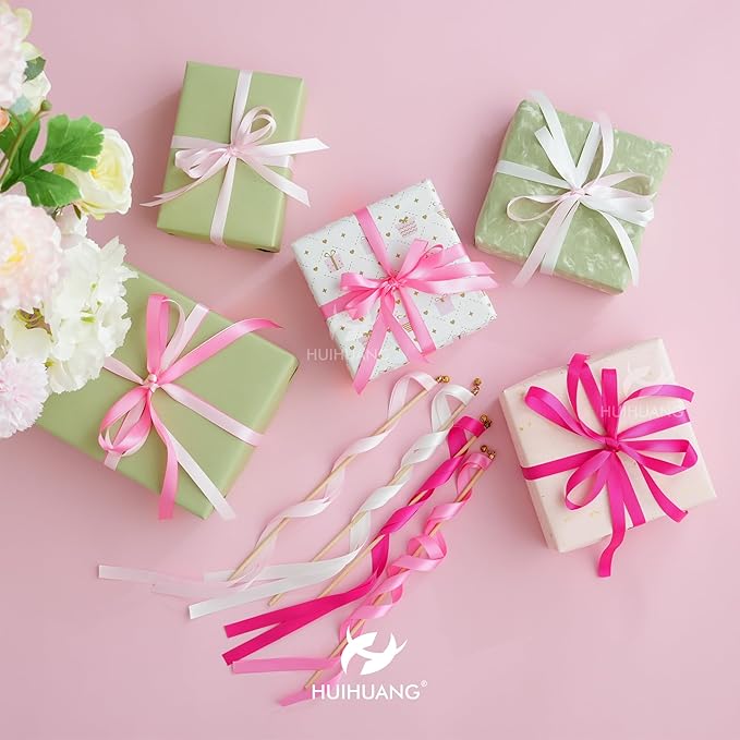 HUIHUANG Pink Satin Ribbon 1/2 inch X 50 Yards Continuous, Baby Pink Double-Faced Satin Ribbon for Gift Wrapping, Bows, DIY Crafts, Flower Bouquet, Bridal Shower Wedding Decor