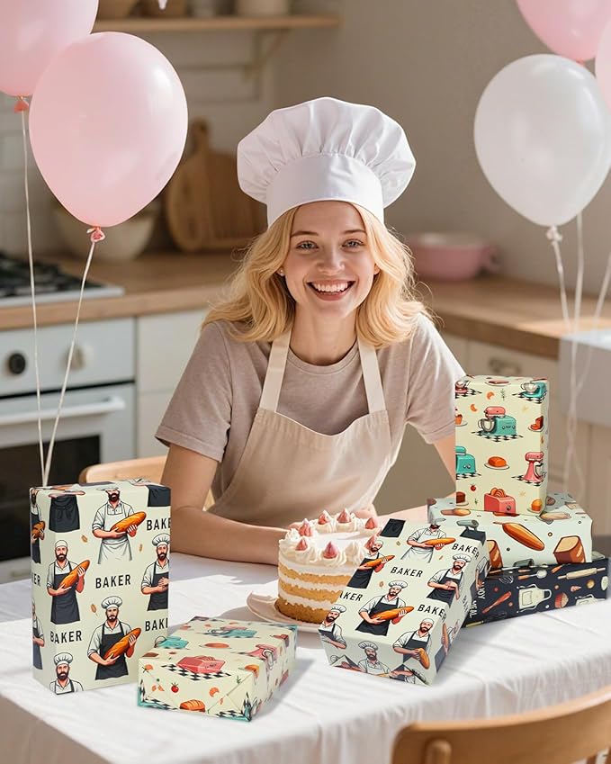 Pineraap 12 Sheets Baking Theme Wrapping Paper, Cute Baker Design Gift Wrap Paper with Croissant, Bread, Folded Flat Art Paper for Baking Lover, Baker, Birthday, DIY Crafts, 19.7 x 27.6 Inch