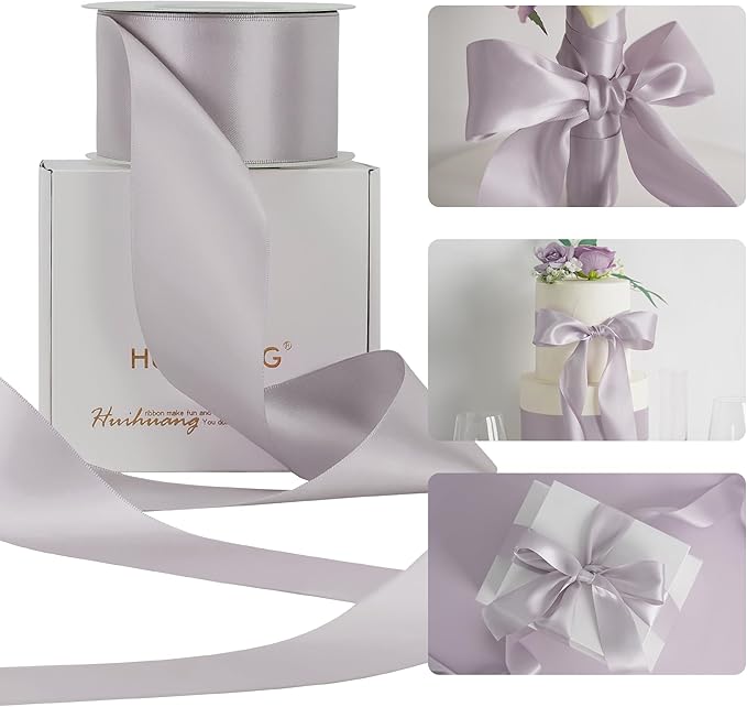 HUIHUANG Dusty Purple Ribbon 2 inch Wide Double-Faced Pastel Lilac Satin Silk Ribbon for Flower Bouquet Wrap, Gift Wrapping,Wedding Decor, Home Decor, Crafts and Bows Making- 25 Yards/Roll