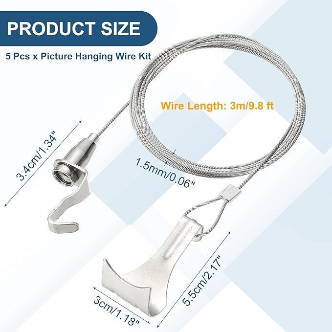 uxcell 5Pcs Picture Hanging Wire Kit, 3 m x 1.5 mm Heavy Duty Picture Hangers Adjustable Wire Rope with S-Hooks and Loop, Load 35kg/77.1 lbs for Hanging Mirrors Light Lamp Artwork