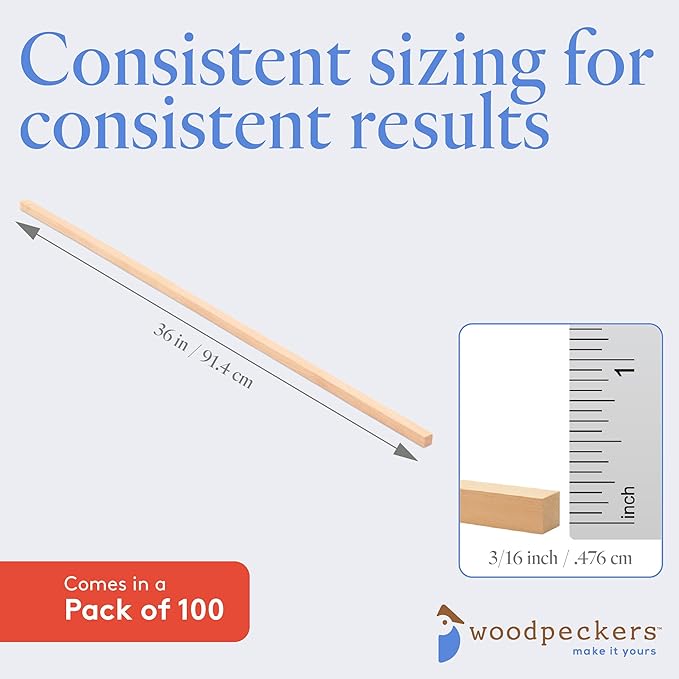 DIY Wooden Square Dowel Rod 3/16-inch x 36 Pack of 100 Hobby Wood Sticks for Crafts, Wood Trim & Architecture Model Making, by Woodpeckers
