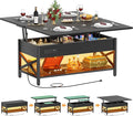 Aheaplus Coffee Table Lift Top Multi-Function Coffee Table Converts to Dining Table, with LED Light and Power Outlet, Center Table with Shelves for Living Room Reception Home Office, Black