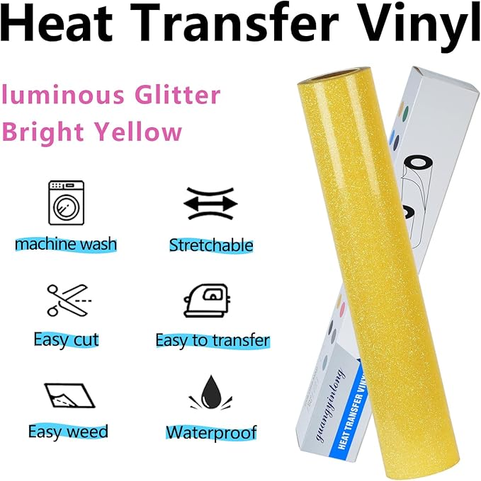 guangyintong Glow Glitter Gold Heat Transfer Vinyl HTV Rolls, 12" x 8ft Iron on Vinyl for T-Shirts, Glitter HTV Vinyl for All Cutter Machines Easy to Cut & Weed for DIY Design