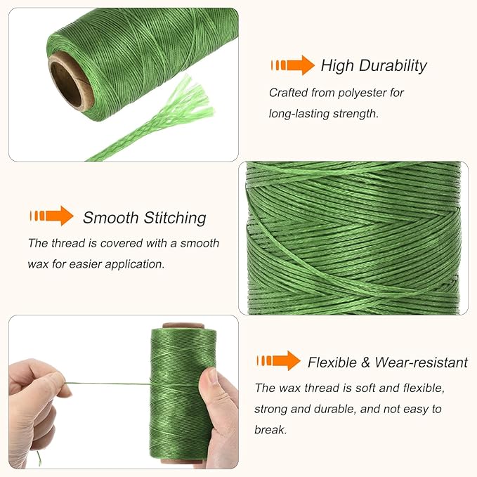 MECCANIXITY Waxed Thread,284 Yard 0.8mm 150D Flat Wax Thread Polyester Waxed String for Leather Sewing Hand Weaving Book Binding Home Decoration,Green