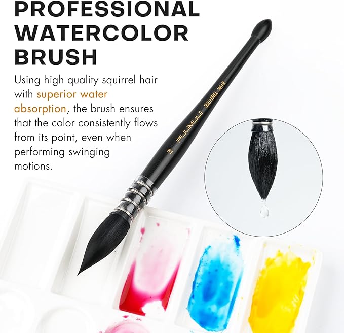 Professional Watercolor Brush, Fuumuui Natural Squirrel Hair Mop Brush, Round Quill Detail Fine Tip Watercolor Paint Brush for Water Color Gouache Ink Painting - Sizes #12