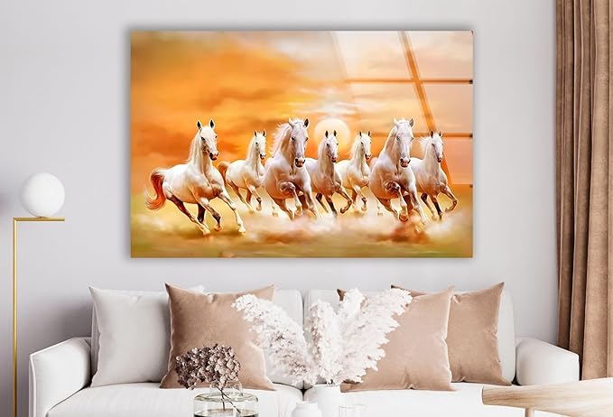My Photostation.com 43Wx27H'' White Horses Running on Sunset Glass Wall ArtTempered Glass Printing Wall Decor Large Wall Art Wall Hangings
