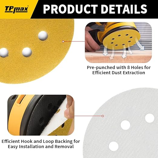 100PCS 5 Inch 180 Grit 125mm 8 Hole Sanding Discs Sandpaper - Premium Gold Round Hook and Loop for Random Orbital Sander - Ideal for Wood, Metal, Automotive