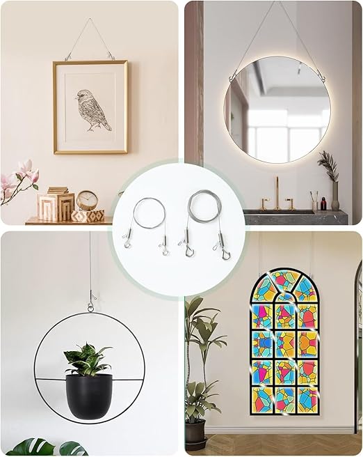 4PCS Adjustable Picture Hanging Wire 1m x 1.5mm Large Hooks, Picture Frame Wire Kit Heavy Duty 100lbs, Stainless Steel for Art, Mirror, Light Lamp, Billboards, Basket Flowerpot