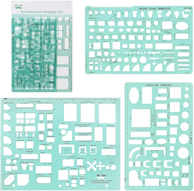 Mr. Pen- House Plan, 3 Pack, Green, Interior Design and Furniture Templates, Drafting Tools and Ruler Shapes for Architecture, Drafting Tools, Architecture Supplies, Drafting Templates