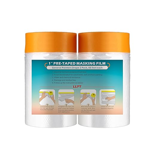 LLPT Tape and Drape 25.6”(Unfolded) x 66 Ft Each 2 Pack Pre-Taped Masking Film 0.27 Mil Painters Plastic Drop Cloth for Auto Wall Furniture Painting Protection (MFT652)