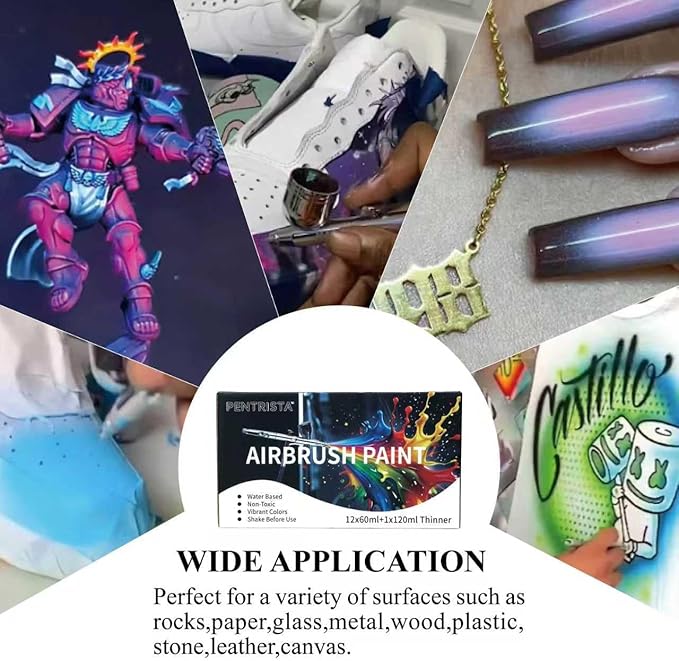 PENTRISTA 24-Color Airbrush Paint Set (60 ml/2.03 oz)with 2 Thinner - Ultra-Smooth Flow Air Brush Paints,Non-Toxic & Quick-Drying Formula Acrylic Airbrush Paint Kit for Art Crafts Hobbyist and Artists