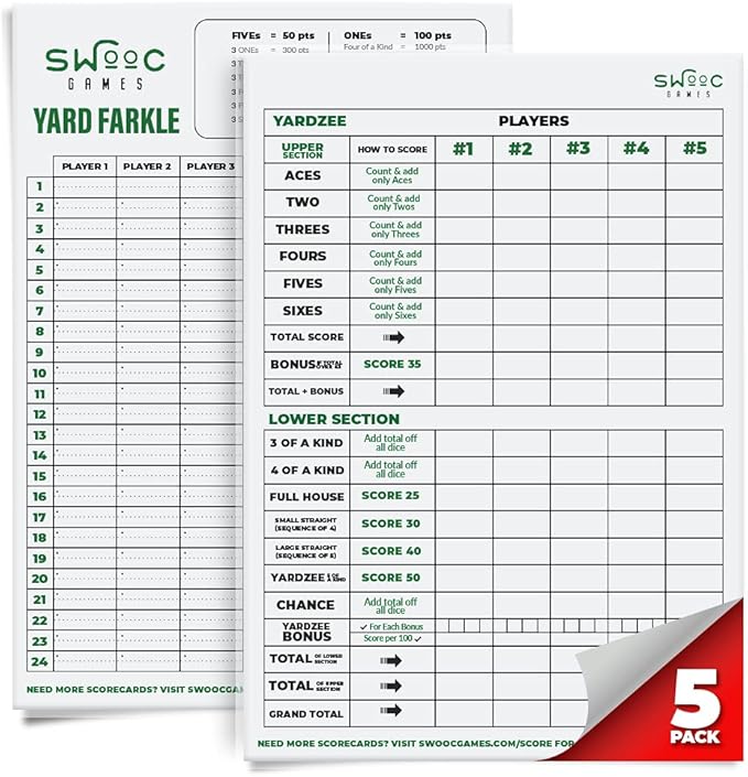 SWOOC Games® - 5 Big Premium Laminated Yardzee & Farkle Score Cards (11.5in x 8in) with Rules - Large Reusable Dry Erase Pads for Giant Outdoor Dice