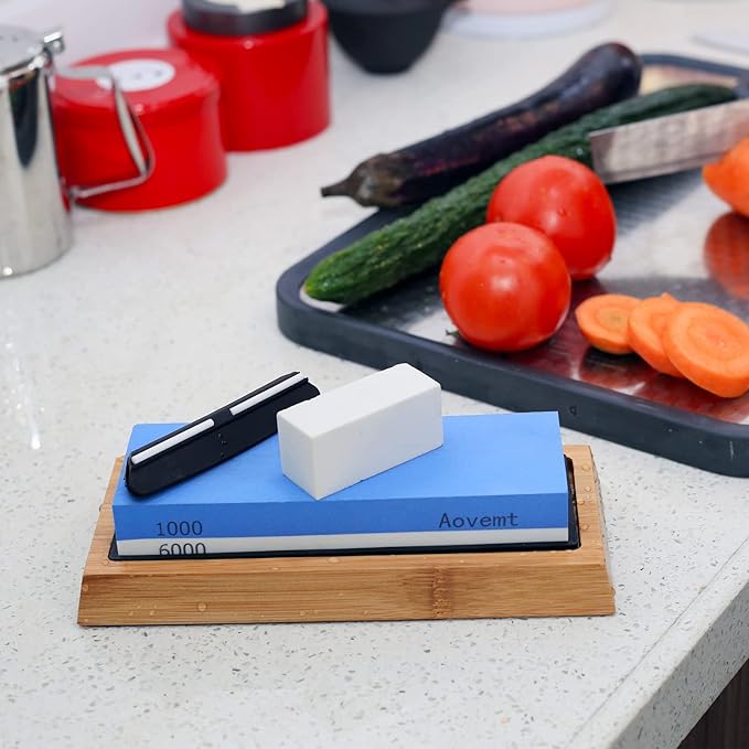 Knife Sharpening Stone, Premium Knife Sharpening Kit, 2 Side Grit 1000/6000 Whetstone, Wet Stone, Nonslip Base, Angle Guide and Flattening Ston e