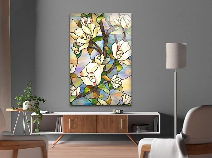 My Photostation.com 40WX60H'' Stained Magnolia Glass Wall Art Tempered Glass Printing Wall Decor Large Wall Art Wall Hangings