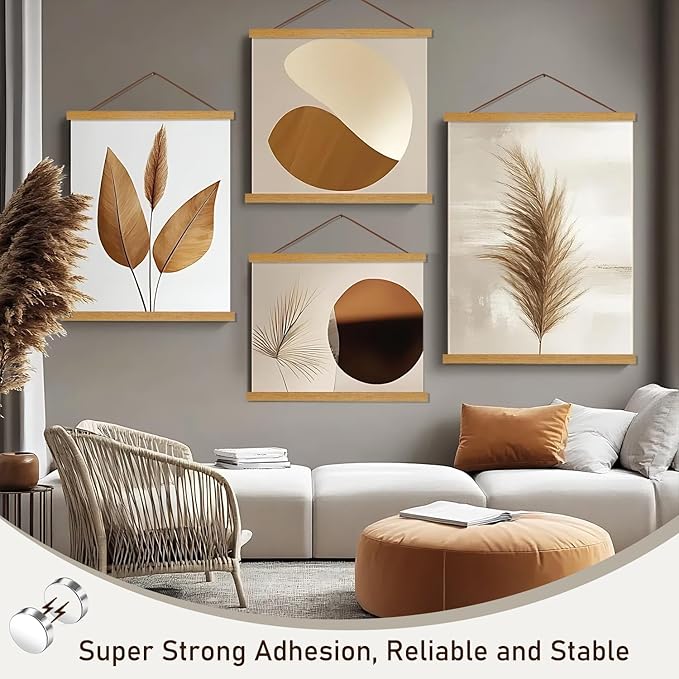 Artmag Magnetic Poster Hanger Frame, 20x28 20x30 20x24 Light Wood Wooden Magnet Canvas Artwork Print Poster Hangers Frames Hanging Kit (Teak Wood, 20")