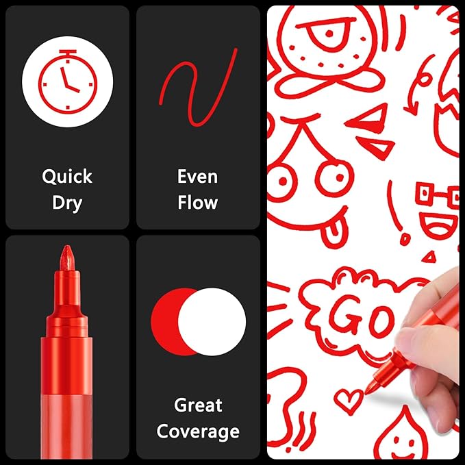 SFAIH Acrylic Red Paint Pens - 8 Pack 2-3MM Medium Tip & 0.7MM Extra Fine White Paint Marker for Rock Painting, Wood, Metal, Fabric, Canvas, Glass, Ceramic, Diy Crafts