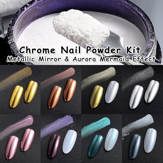 8 Jars Chrome Nail Powder Magic White Pearl Kit, Metallic Mirror Effect Holographic Glitter Iridescent Aurora Mermaid Pearl Pigment Dust Kit for Gel Polish Nail Art Decoration, Resin Craft