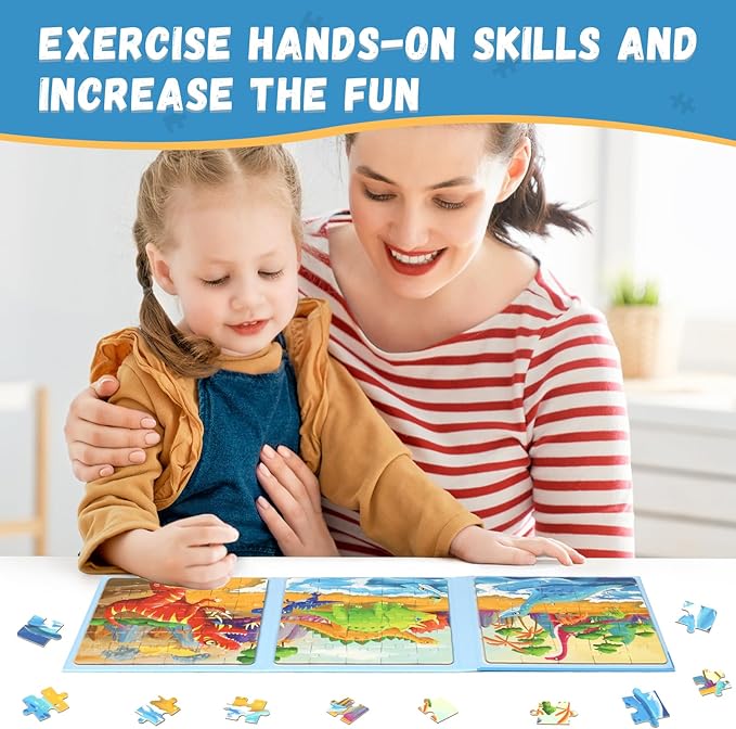Magnetic Puzzles for Kids Ages 4-8, 3 in 1 Dinosaurs Magnet Jigsaw Puzzle Book, Toddlers Travel Puzzles Toys, Preschool Learning Toy for Kids 3-8 Year (Dinosaurs)