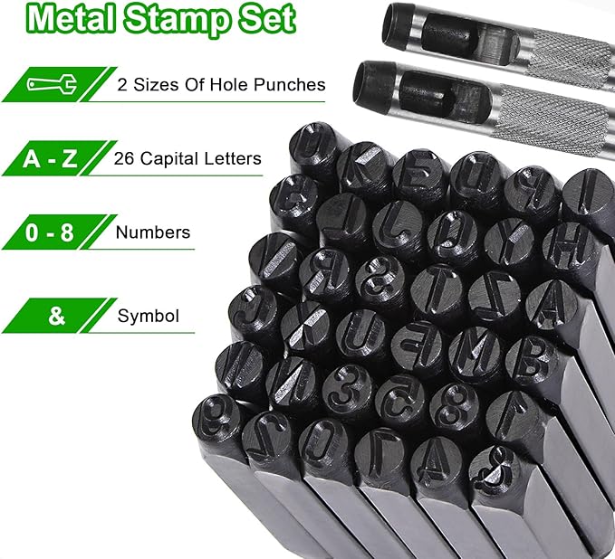 HARFINGTON 36pcs Metal Stamping Kit 1/2" (12.5mm) (A-Z, 0-8, "&" Symbol) Steel Letter Punch Press Tool with Hole Punch to Stamp on Metal, Plastic, Wood, Leather, Black