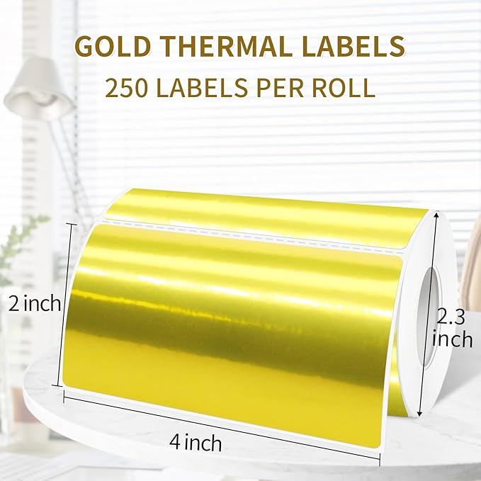 2" x 4" Gold Thermal Label Stickers,Waterproof Thermal Printer Sticker Labels for Gift Wrapping, Self-Adhesive Name Price Tag DIY Custom Logo Design (250 pcs,Gold)