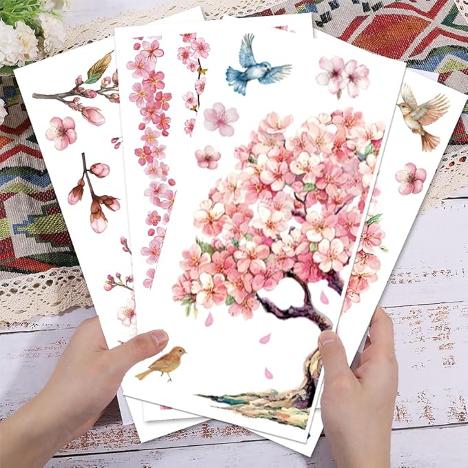 GLOBLELAND 4 Sheets Cherry Blossoms Tree Rub on Transfers 12x6inch Pink Flowers Furniture Transfers Sticker Birds UV Transfers Decal Craft for Bedroom Living Room Desk Table Decoration