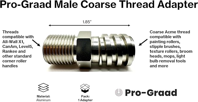 Aluminum Male Coarse Thread Adapter - Converts Drywall Corner Roller Handle to Acme 3/4" Threads to fit Paint Rollers, Stipple Brushes, Brooms, Mops & More - Lightweight & Durable