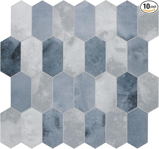 The Tiles Plaza 10-Sheet Peel and Stick Backsplash, Blue Cement Long Hexagon Self Adhesive Wall Tile, Stone Composite Stick On Decorative Mosaic Tile for Kitchen Bathroom Fireplace
