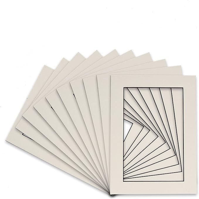 Pack of Ten 8.5x11 Mats Bevel Cut for 7x9 Photos - Acid Free White with Black Core Precut Matboards for Pictures, Photos, Framing - 4-ply Thickness