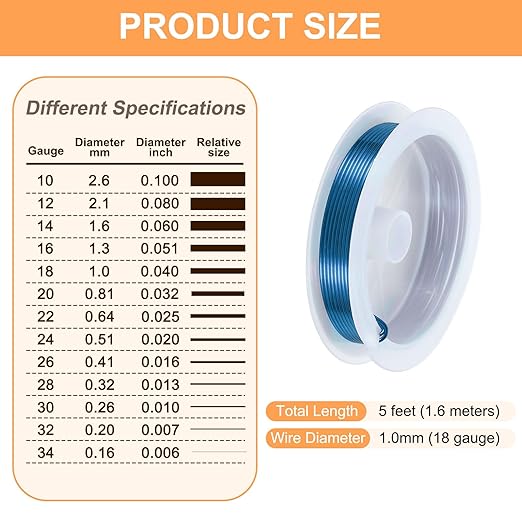 HARFINGTON 5ft Jewelry Wire, 18 Gauge (1mm) Brass Craft Soft Metal Tarnish Resistant Copper Beading Wire for Jewelry Making Supplies Crafting, Blue