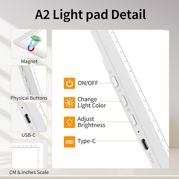 TOHETO Rechargeable Magnetic A2 Light Board 25.2''x18.4'', Large Diamond Painting Light Pad with Side Buttons, 3 Light Colors Light Box for Tracing and Drawing, Dimming LED Light Table for Sketching