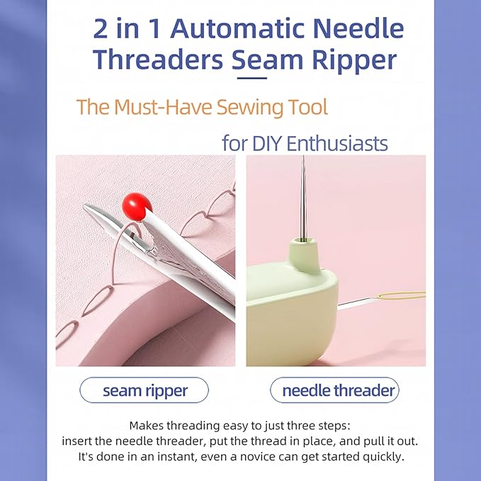 Upgraded 2 in 1 Automatic Needle Threaders Seam Ripper,Quilting Supplies Sewing Kit,Quick Sewing Machine Loop Needle Threaders (3PCS-Purple/Green/Yellow)
