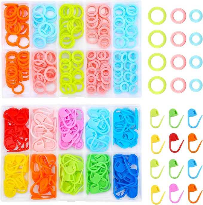 LUNARM 340 Pcs Stitch Ring Markers and Colorful Knitting Crochet Locking Counter Stitch Needle Clips with 2 Storage Boxes for Handicraft Weaving Sewing