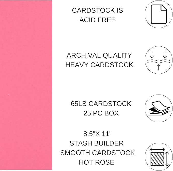 PA Paper Accents Stash Builder Cardstock 8.5" x 11" Hot Rose, 65lb Colored cardstock Paper for Card Making, Scrapbooking, Printing, Quilling and Crafts, 25 Piece Pack
