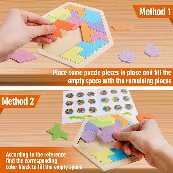 Skrtuan Wooden Hexagon Puzzle for Kid Adults Wooden Blocks Puzzle Brain Teasers Toy Shape Pattern Blocks Tangram Puzzles Games Family Portable Montessori Educational Gift for Kid Children