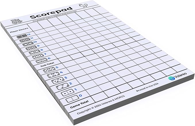 Mexican Train and Chicken Foot Dominoes Score Pad - 100 Scoring Sheets per Scorepad, 8.5 x 5.5 Inches - Score Sheets for Double 12 Domino Sets, White, VO-320