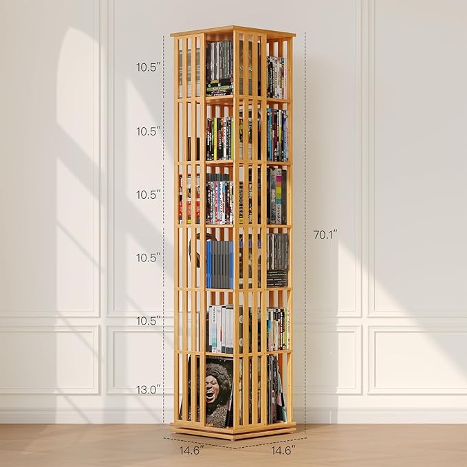 XIMN 360° Rotating Bamboo CD/DVD Shelf - 6-Tier Space-Saving Media Storage Cabinet for Movies, Organizer with Super Compact Design